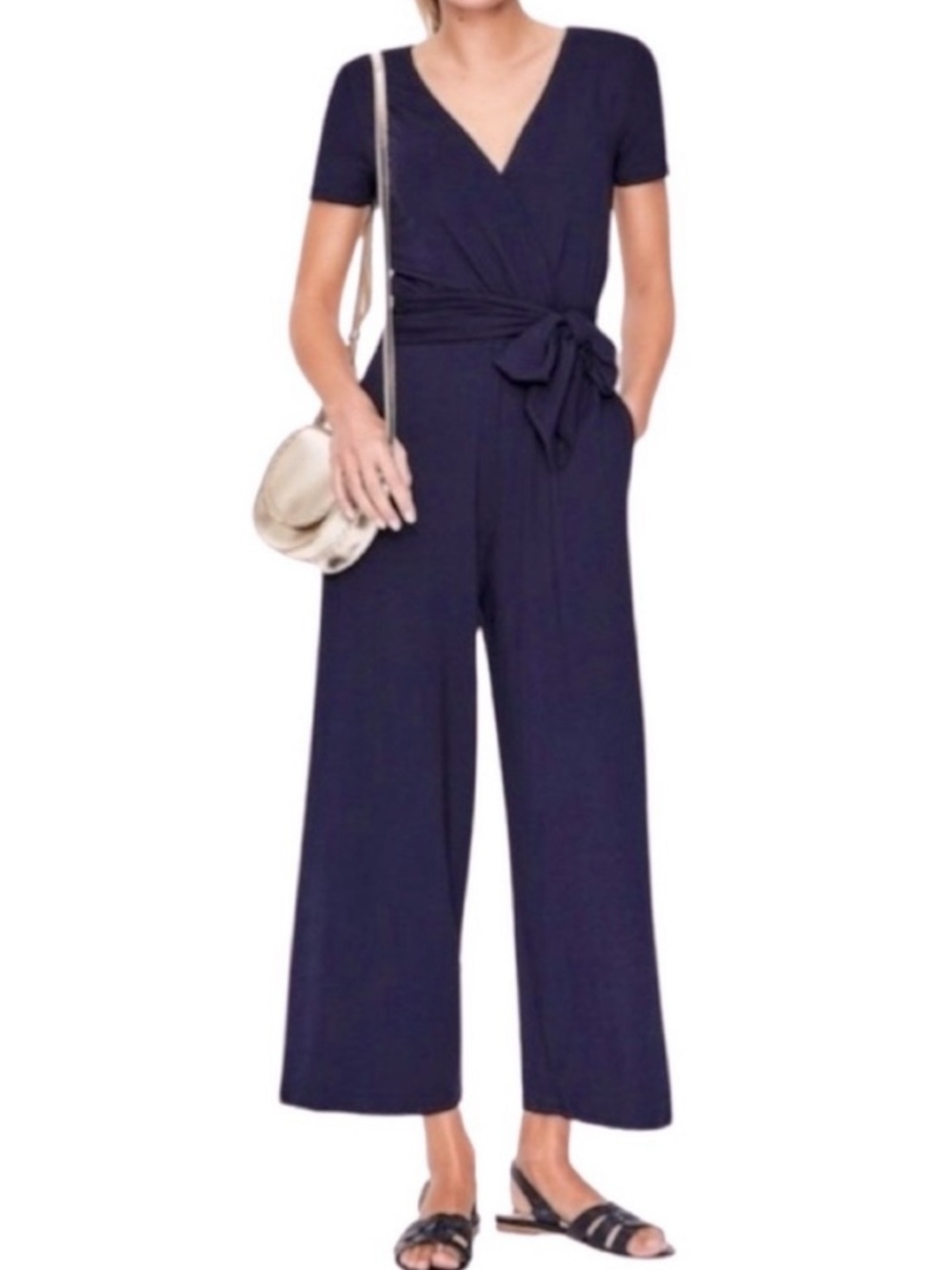 Boden Ellen Jersey Knit Wrap Cropped Wide Leg Jumpsuit V-Neck Navy Blue 6